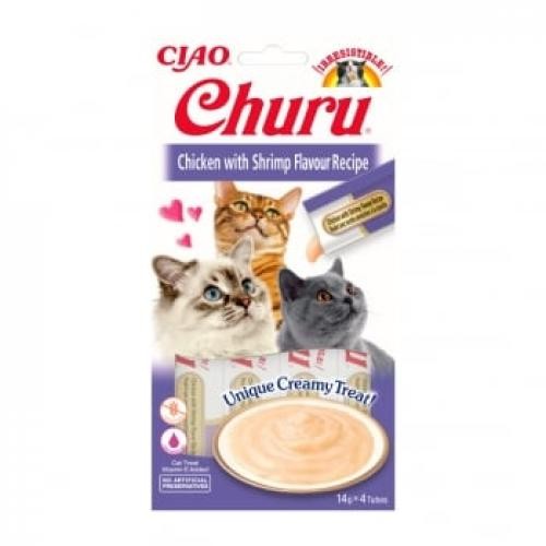 INABA CIAO Churu Piure - Pui si Creveti - recompense lichide lichide fara cereale Pisici - topping cremos - 14g x 4 - Ingrijire pisici -