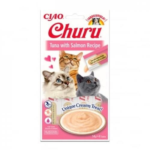 INABA CIAO Churu Piure - Ton si Somon - recompense lichide fara cereale pisici - topping cremos - 14g x 4 - Ingrijire pisici -
