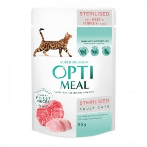 OPTIMEAL - Vita si Curcan - plic hrana umeda pisici sterilizate - (in aspic) - 85g - Ingrijire pisici -