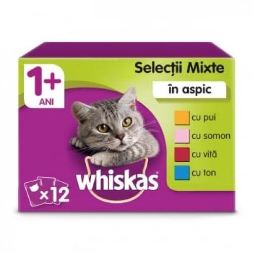 WHISKAS Selectii Mixte - 4 arome - pachet mixt - plic hrana umeda pisici - (in aspic) - 100g x 12 - Ingrijire pisici -